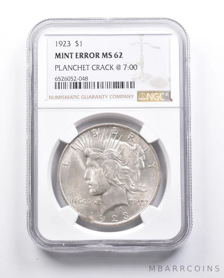 MS62 1923 Peace Silver Dollar Error Error Planchet Crack @ 7:00 NGC *6654
