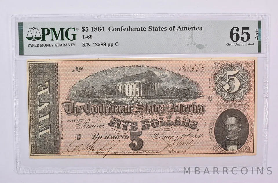 1864 $5 Confederate States Of America T-69 Gem Unc 65 EPQ PMG