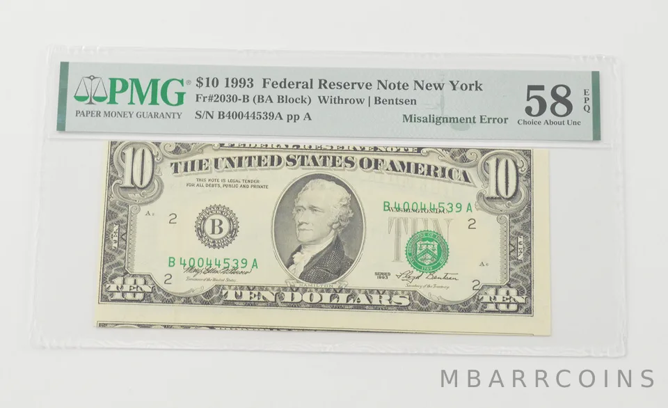 Choice About UNC 58 EPQ 1993 $10 FRN NY FR#2030-B Misalignment Error PMG a6581