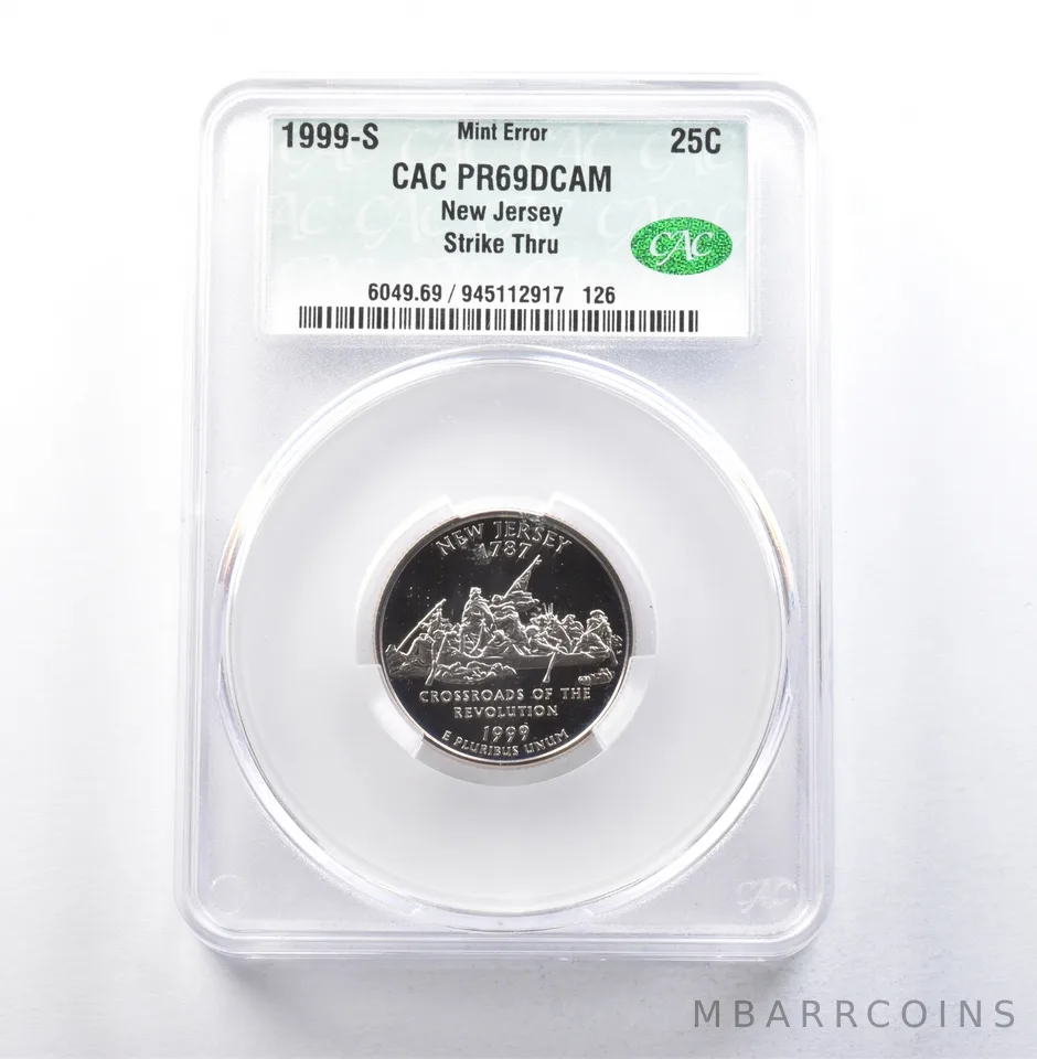 1999-S State Quarter New Jersey Silver Error Strike Thru PR69 DCAM CAC a5820