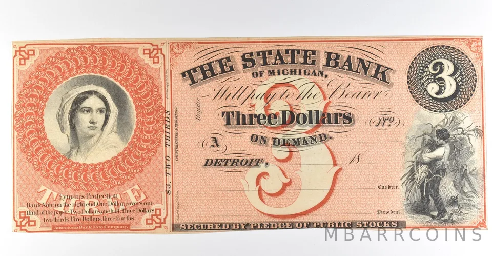 1800s $3 Detroit MI State Bank Obsolete Note *8451