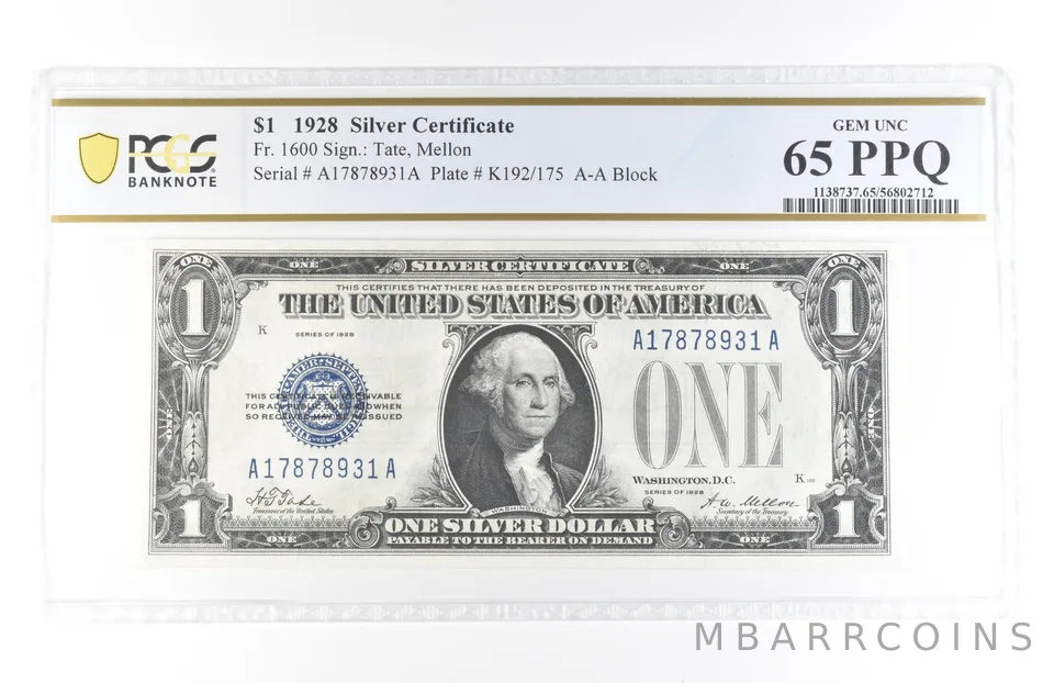 1928 $1 Silver Certificate Fr#1600 Gem Unc 65 PPQ PCGS *5788
