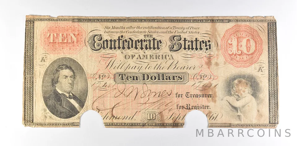 1861 $10 Confederate States Of America T-24 Large Note *8557