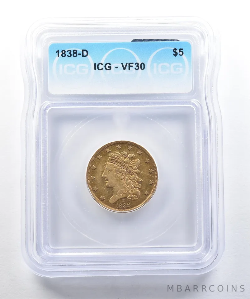 1838-D $5 Classic Head Gold Half Eagle VF30 ICG *1598
