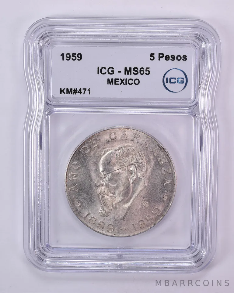 1959 Mexico 5 Pesos Silver KM#471 MS65 ICG