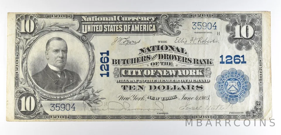 1902 $10 National Currency Butchers & Drovers 1261 National Bank Note *8598
