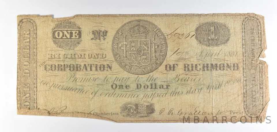 1861 $1 Richmond VA Obsolete Note *8876