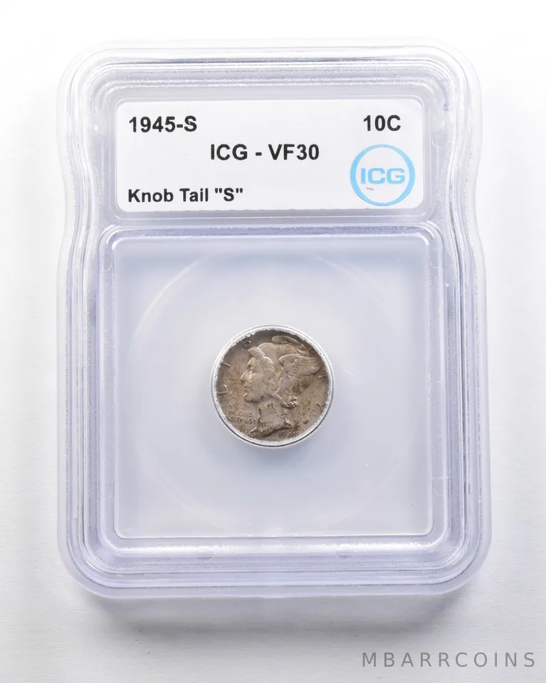 1945-S Mercury Dime Mint Error Knob Tail "S" VF30 ICG *1620