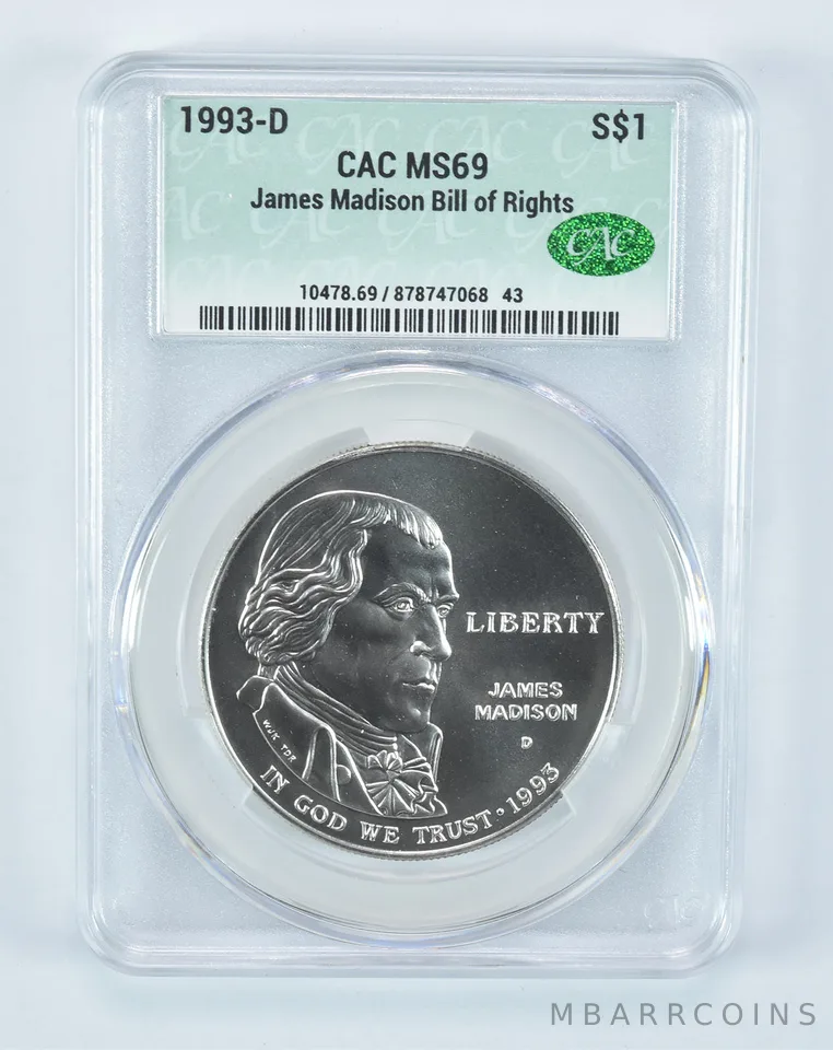 1993-D Madison Bill Of Rights Commemorative Silver Dollar MS69 CAC CACg