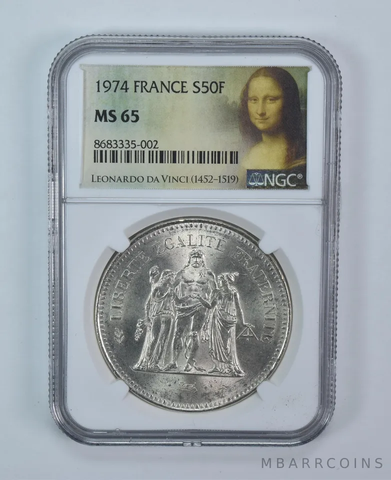 1974 France 50 Francs Silver MS65 NGC Mona Lisa Label