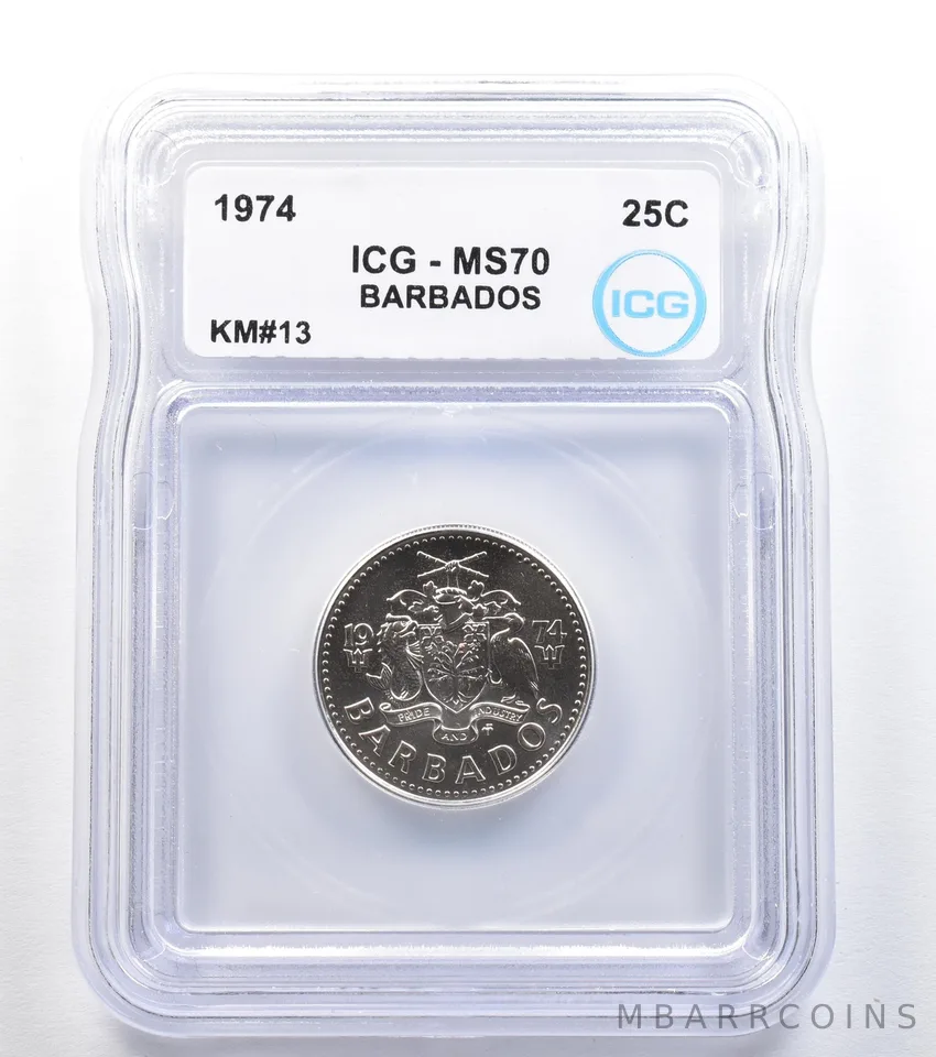 1974 Barbados 25 Cents KM#13 MS70 ICG *8000