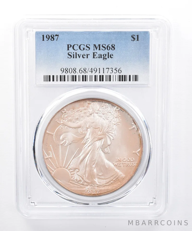 1987 American Silver Eagle MS68 PCGS Iridescent Tone *8479