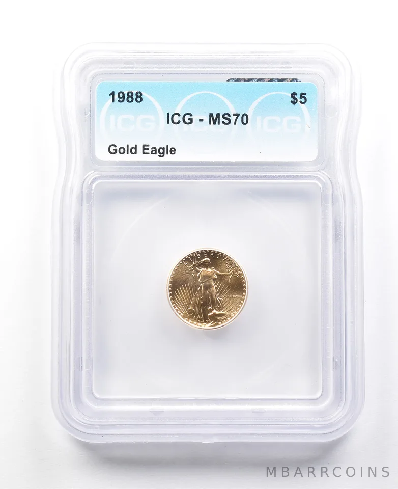 1988 $5 American Gold Eagle 1/10 Oz Gold MS70 ICG MCMLXXXVIII