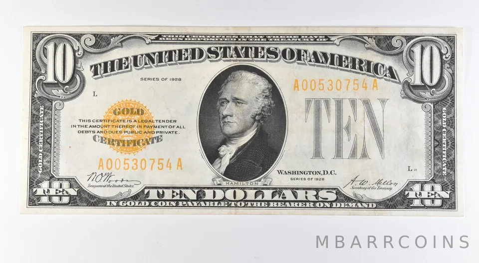 1928 $10 Gold Certificate Yellow Seal Fr#2400 *9572