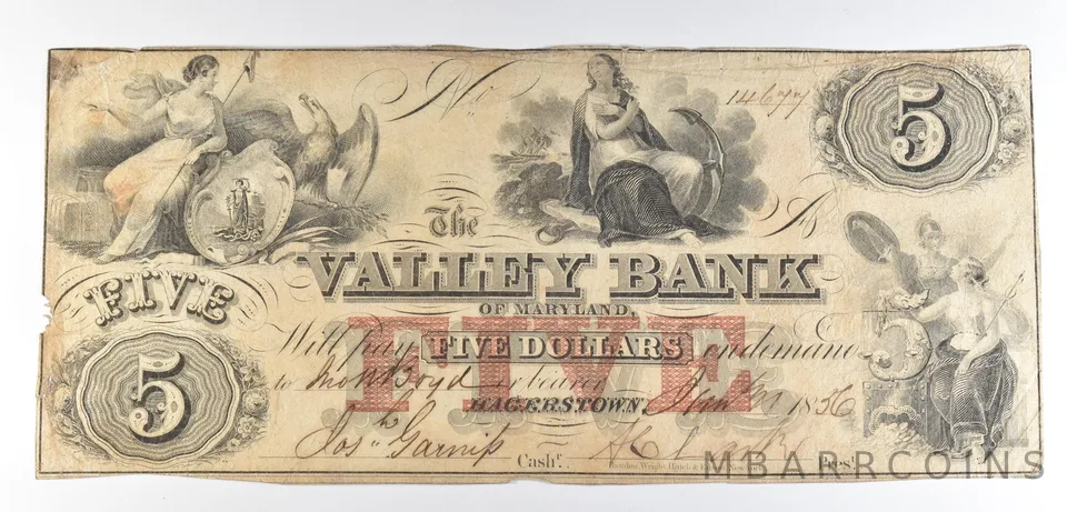 1856 $5 Hagerstown MD Valley Bank Obsolete Note *8516