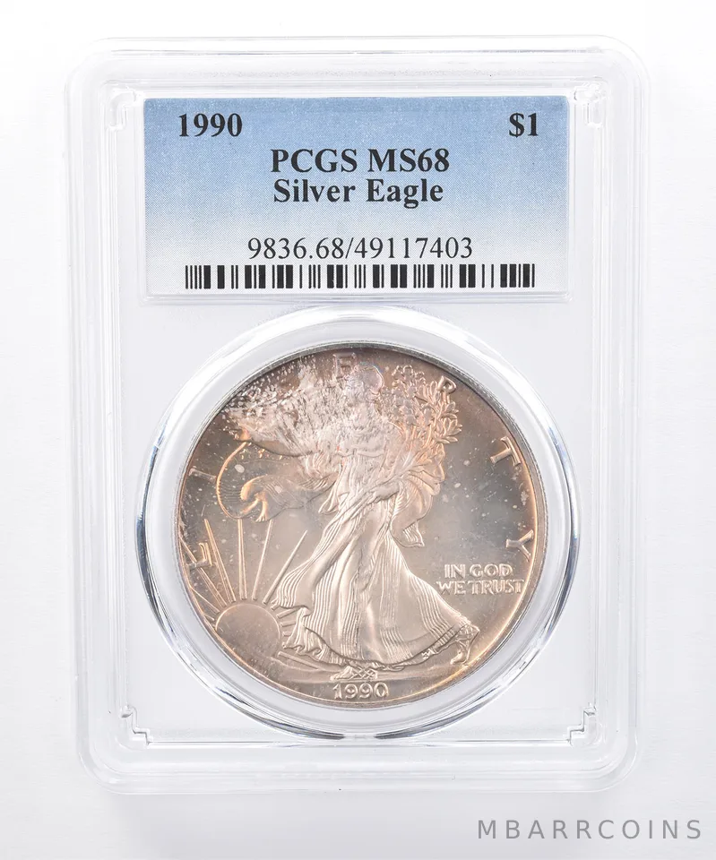 1990 American Silver Eagle MS68 PCGS Orange/Purple Tone *8393