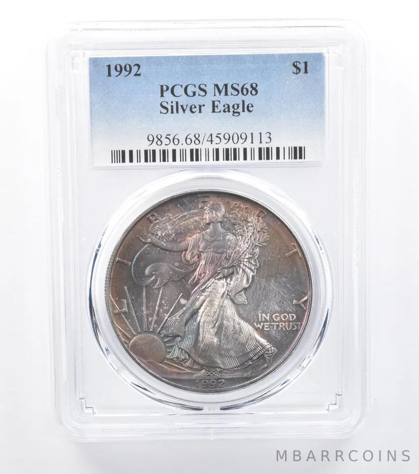 1992 American Silver Eagle MS68 PCGS Blue/Purple Tone *7719