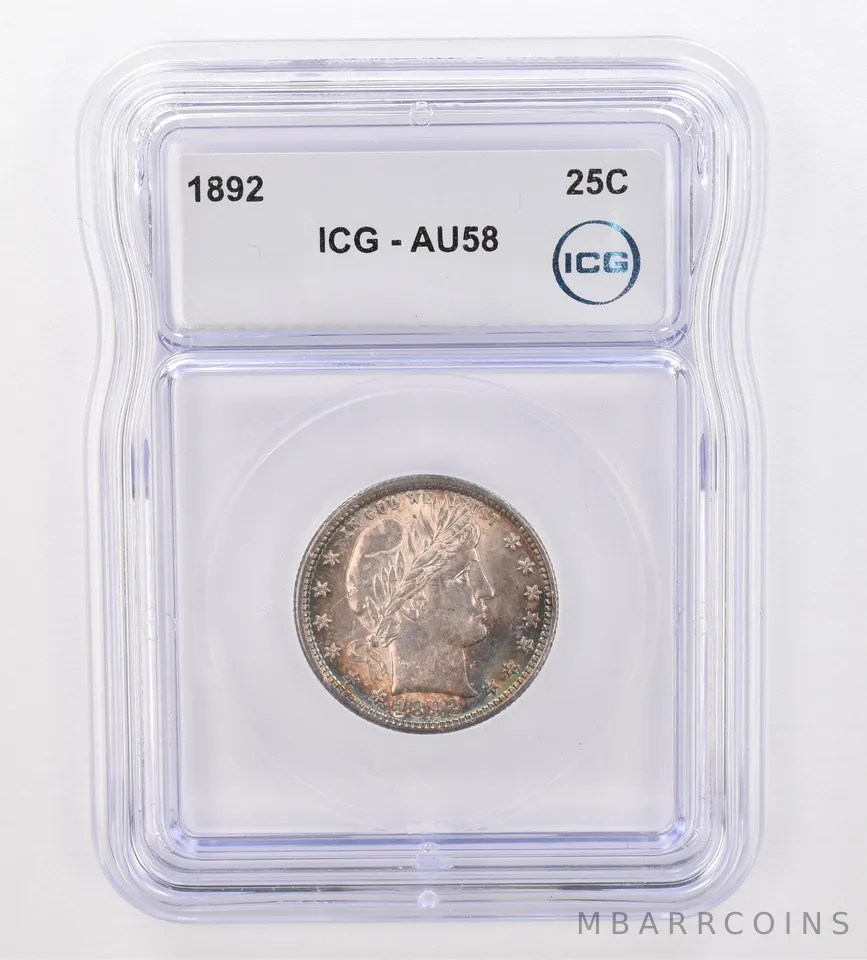 1892 Barber Quarter AU58 ICG Beautiful Tone a9861