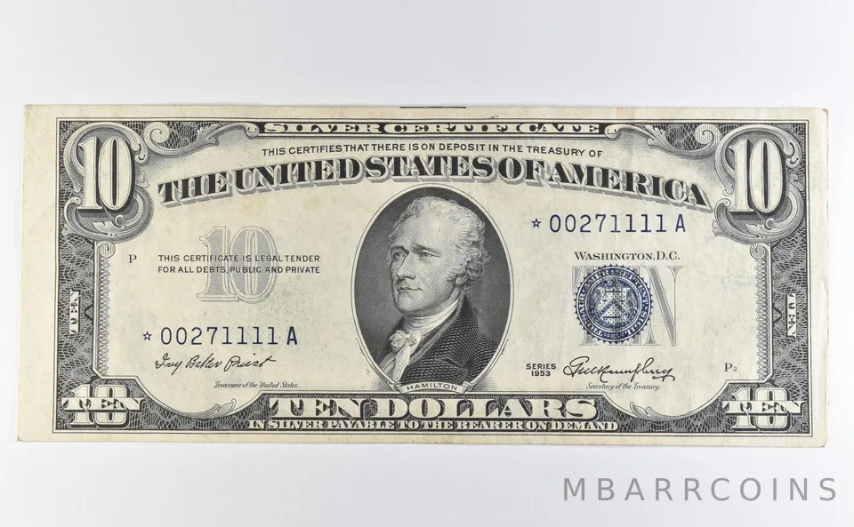 1953 Star Note $10 Silver Certificate Blue Seal *2730