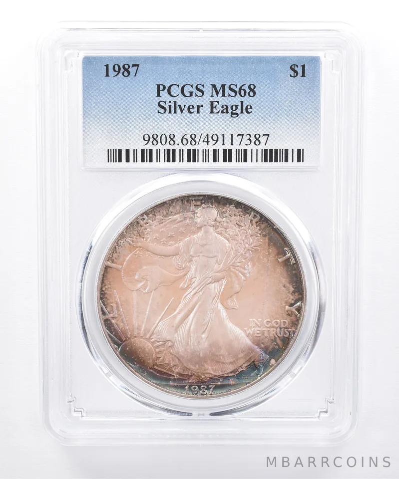 1987 American Silver Eagle MS68 PCGS Blue/Purple Tone *8483