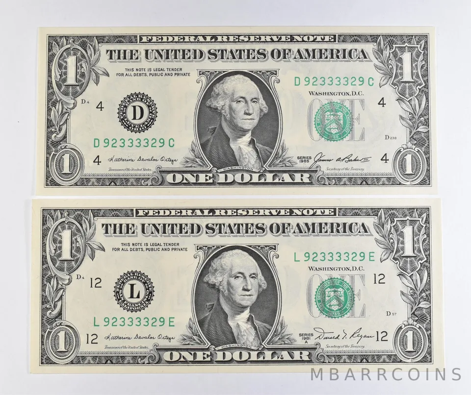 Lot (2) Matching Radar Numbers 1985/1981 A $1 Cleveland OH / CA FRN *1702