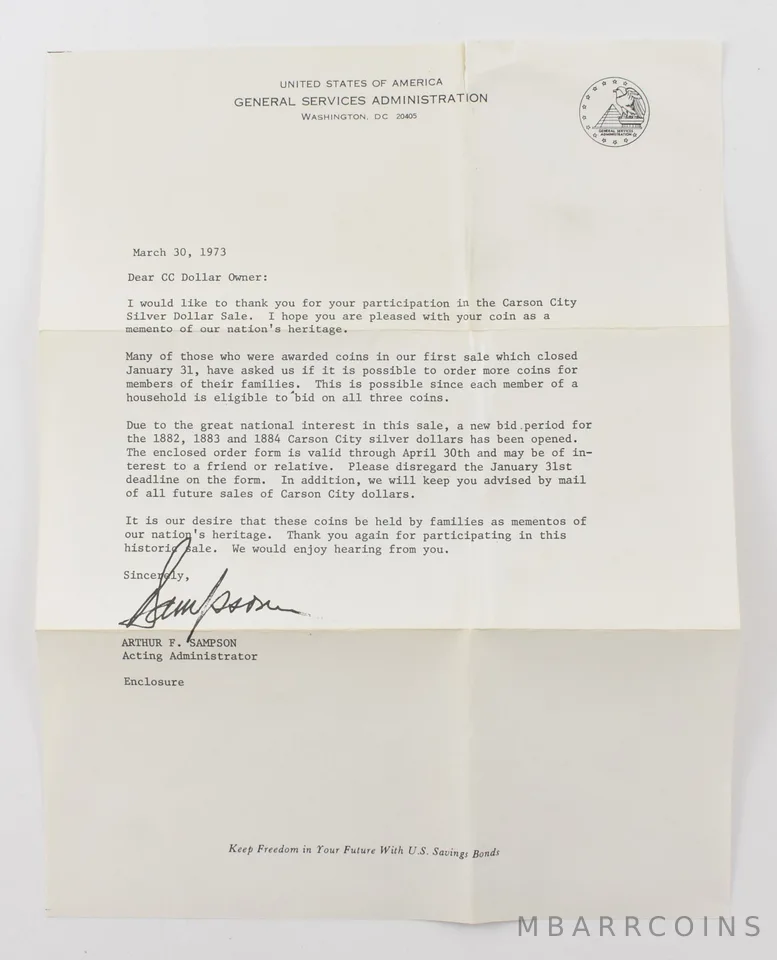 1973 GSA Carson City Silver Dollar Sale Letter Advertisement a7554