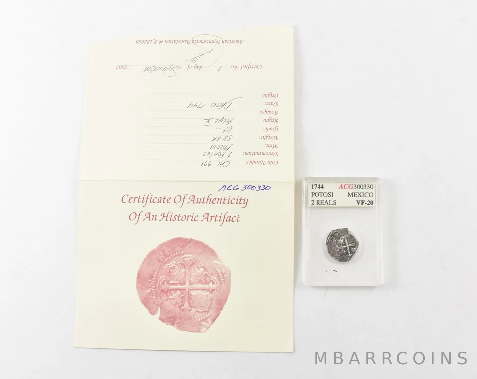 1744 Potosi Mexico 2 Reales La Capitana Ship W/ CoA *9065
