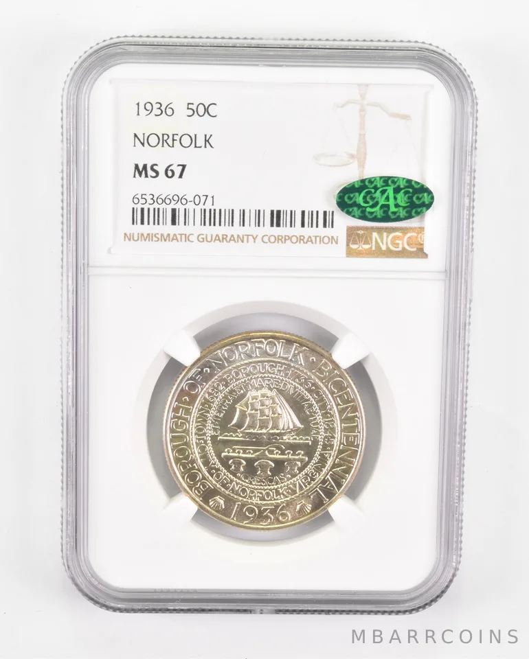 MS67 1936 Norfolk Bicentennial Commemorative Half Dollar CAC - Graded NGC a0588