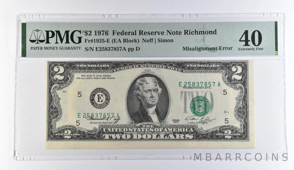 1976 $2 Richmond VA Misalign Error FRN Fr#1935-E Extremely Fine 40 PMG *9481