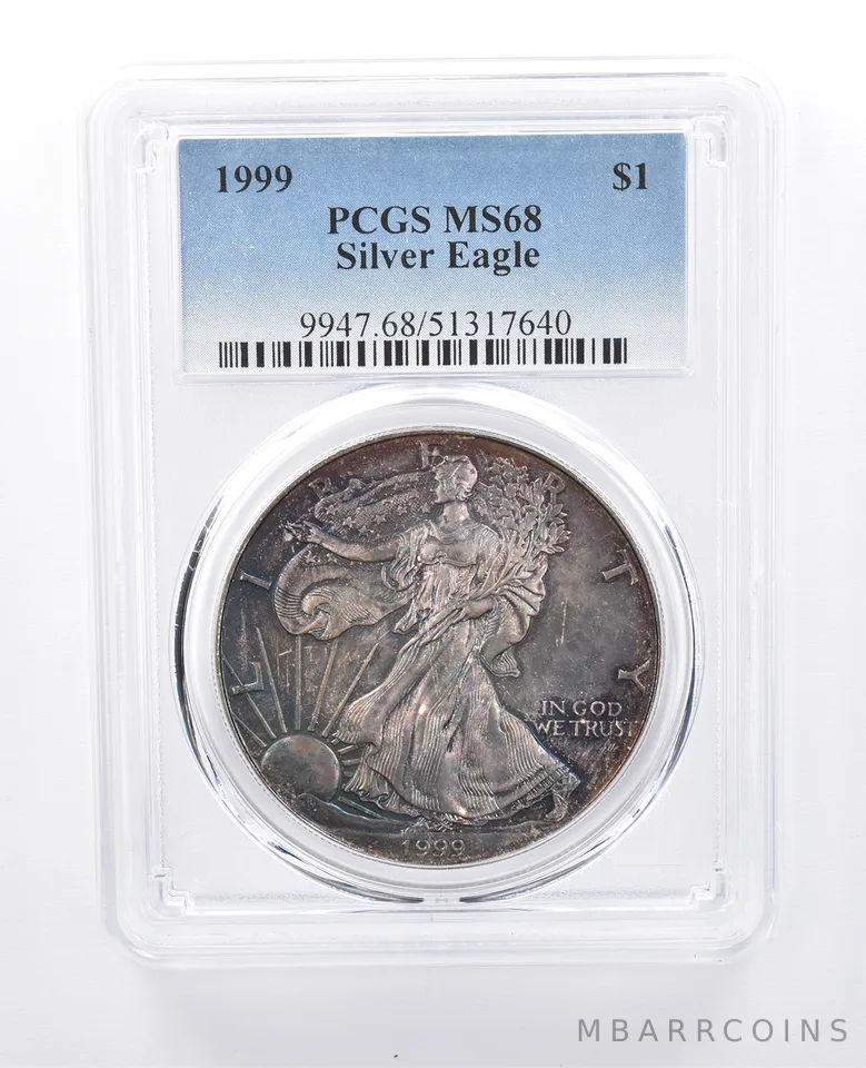 1999 American Silver Eagle MS68 PCGS Blue/Purple Tone *8199