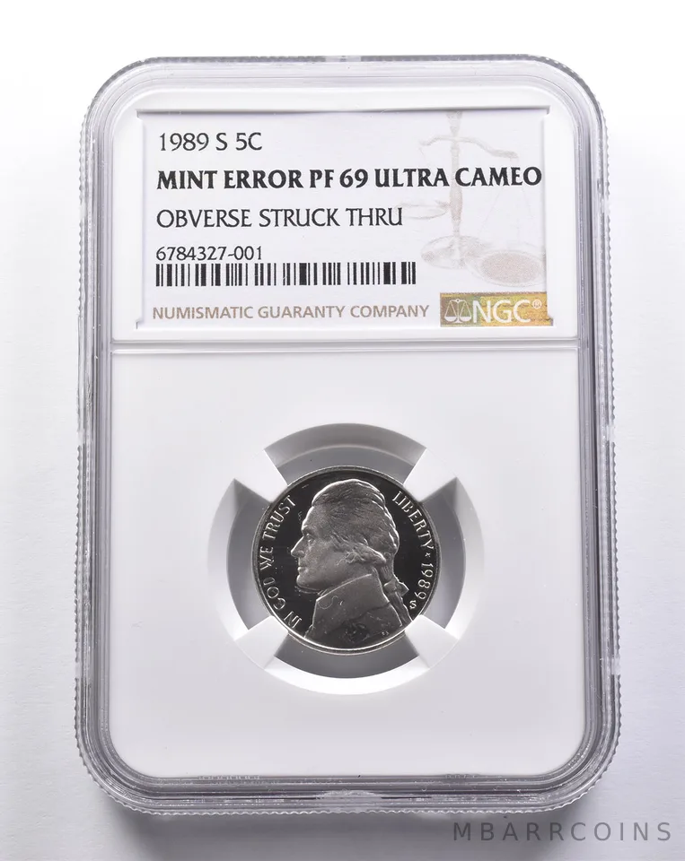 Mint Error PF69 UCAM 1989-S Jefferson Nickel OBV Struck Thru NGC a3241