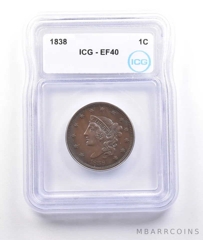 1838 Matron Head Large Cent EF40 ICG *6899