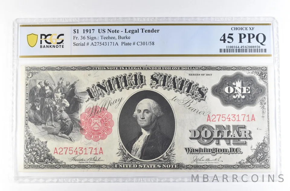 1917 $1 US Legal Tender Large Note Fr#36 Red Seal Choice XF 45 PPQ PCGS *2355
