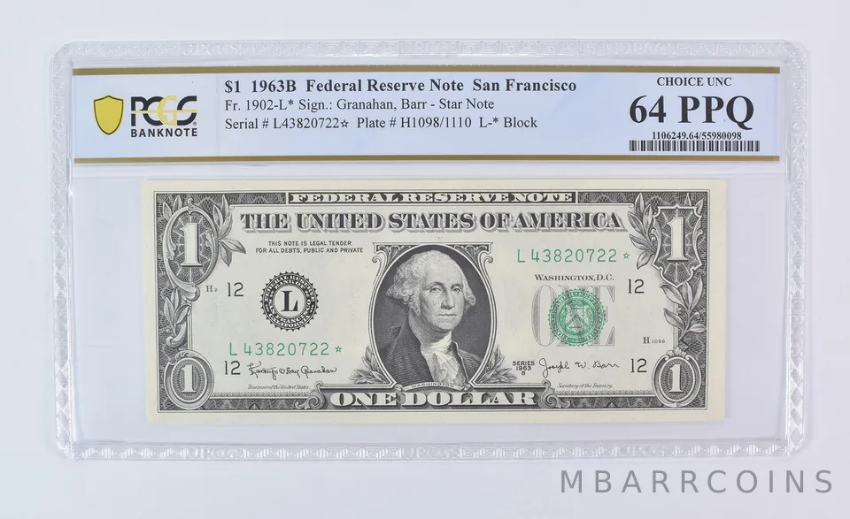 1963 B $1 San Francisco CA FRN Star Note Fr#1902-L* Barr Choice Unc 64 PPQ PCGS