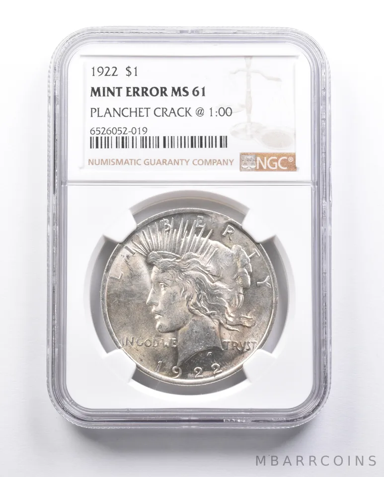 MS61 1922 Peace Silver Dollar Error Planchet Crack @ 1:00 NGC *6634