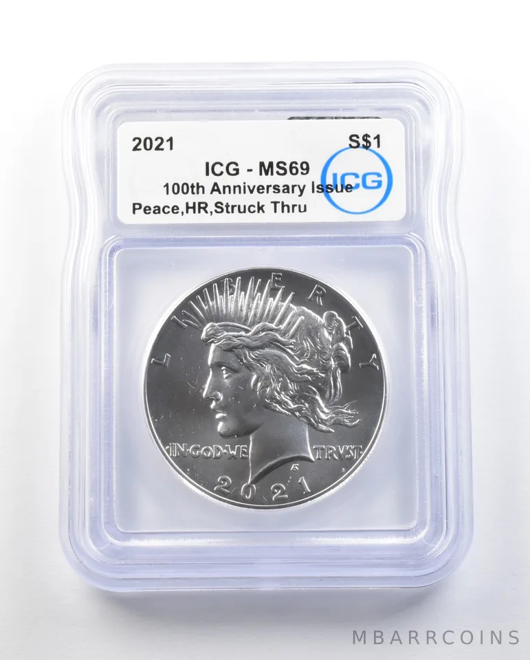ERROR 2021 Peace Silver Dollar High Relief Struck Thru MS69 ICG a0593