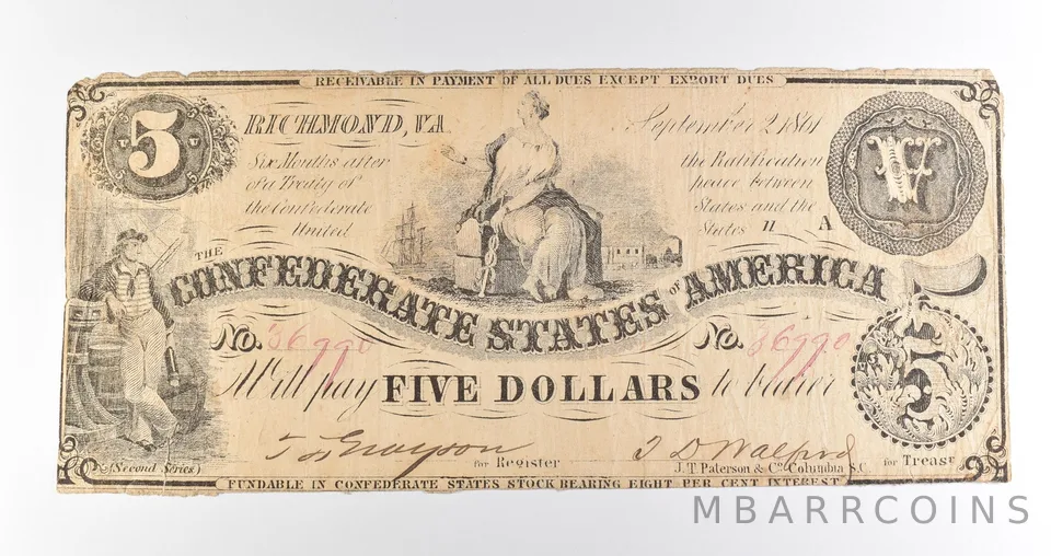 1863 $5 Richmond VA Confederate States Of America Obsolete Note *3888