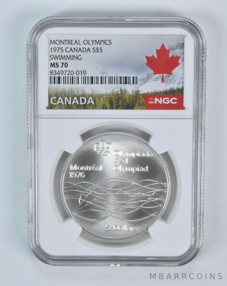 1975 Canada 5 Dollars Silver Olympic Swimming MS70 NGC Canada Lbl