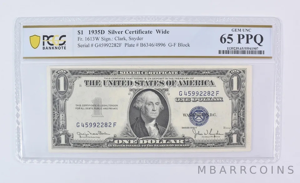 1935 D $1 Silver Certificate Wide Fr#1613W Gem Unc 65 PPQ PCGS