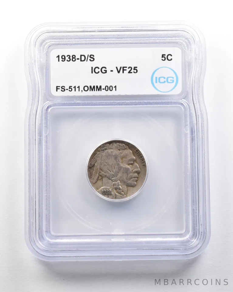 1938-D/S Indian Head Buffalo Nickel Mint Error FS-511 OMM-001 VF25 ICG *1702