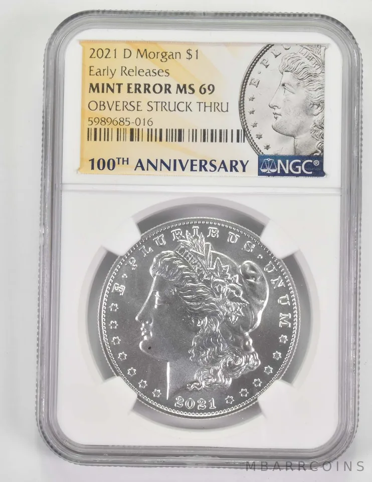 Err MS69 2021-D Morgan Silver Dollar OBV Strck Thru ER 100th Anniv. NGC a9682