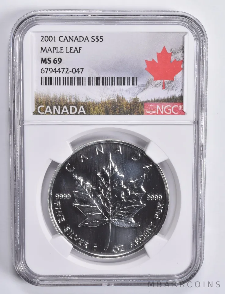 2001 Canada 5 Dollars Silver Maple Leaf MS69 NGC Canada Lbl