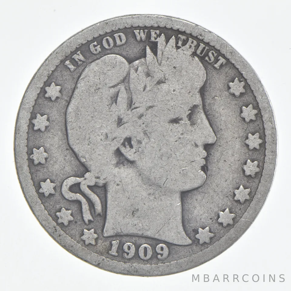 1909-S Barber Quarter 90% Silver VG Condition