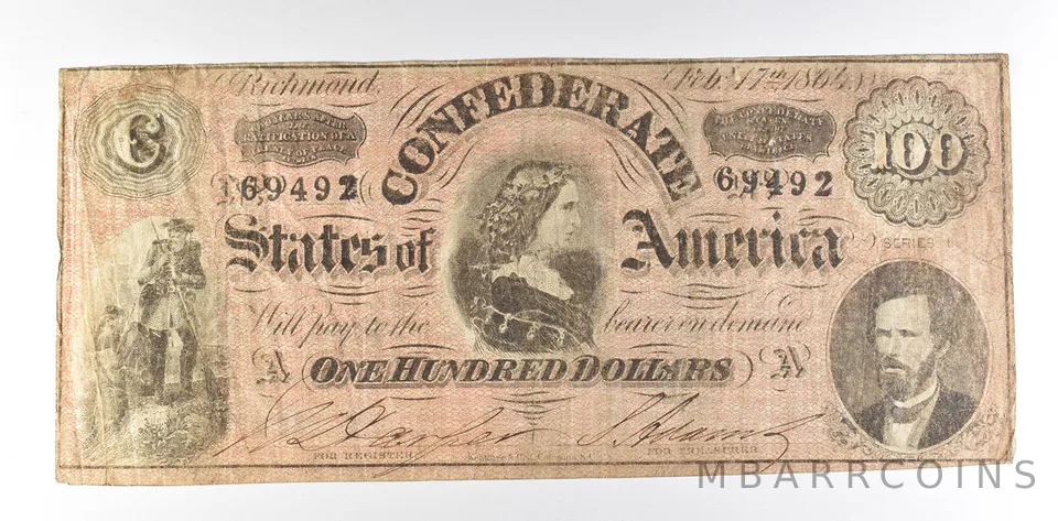 1864 $100 Confederate States Of America T-65 Large Note *8586