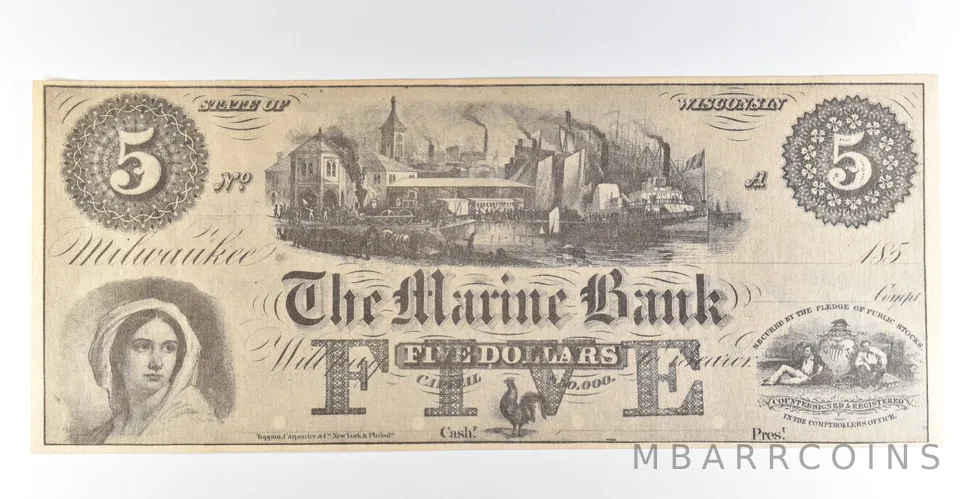 1986 ANA Invite 1850s $5 Milwaukee WI Marine Bank *8437