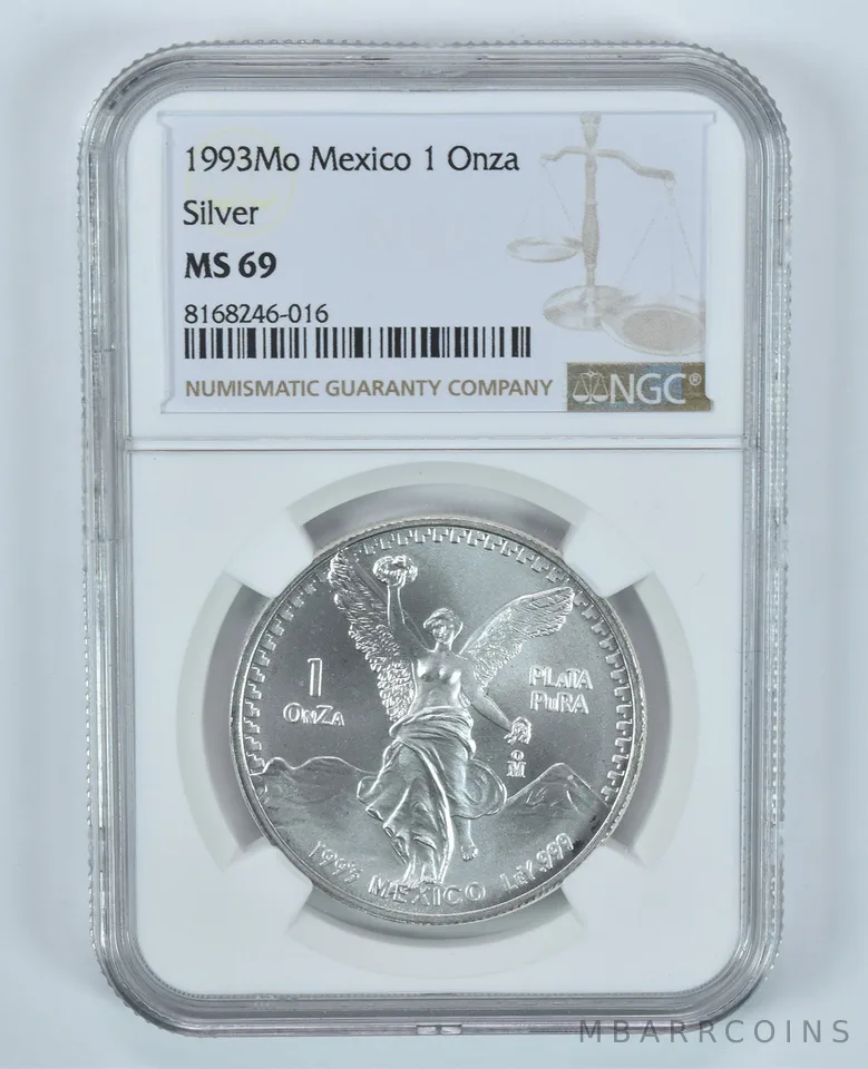 1993 Mo Mexico 1 Onza Silver Libertad MS69 NGC Brown Label