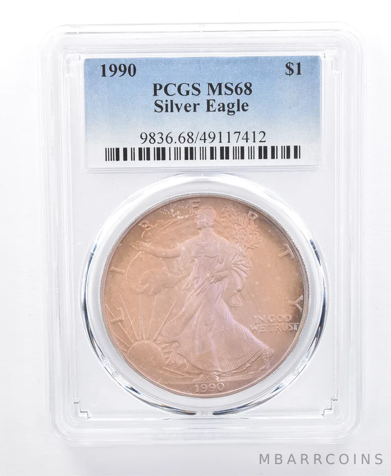1990 American Silver Eagle MS68 PCGS Purple Iridescent Tone *8617