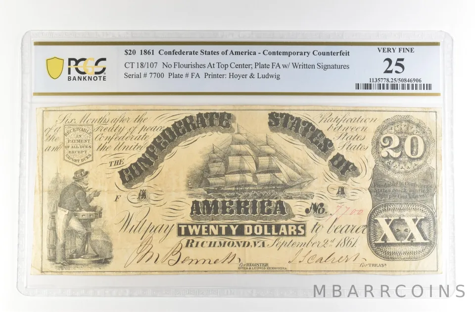 1861 $20 Confederate States Of America CT 18/107 VF 25 PCGS *4153
