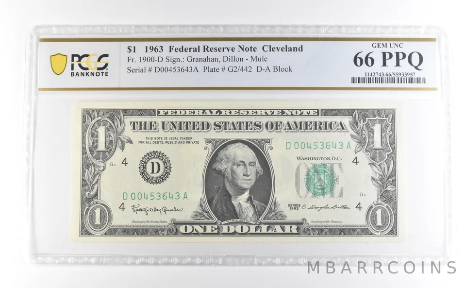 1963 $1 Cleveland OH FRN Mule Fr#1900-D Gem Unc 66 PPQ PCGS *3976
