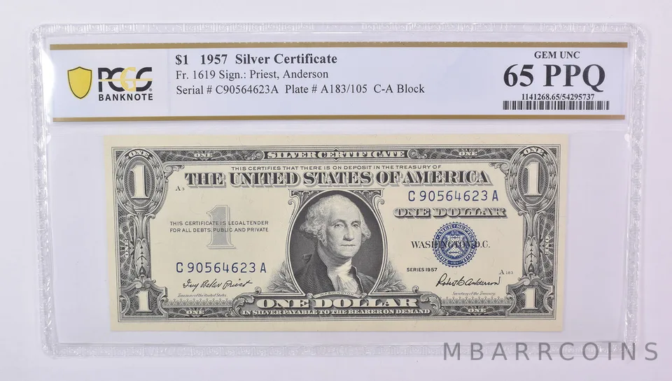 1957 $1 Silver Certificate Fr#1619 Gem Unc 65 PPQ PCGS